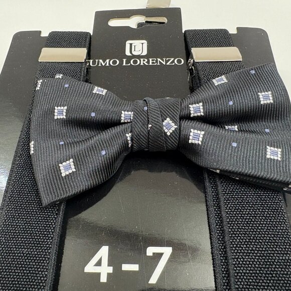 Bow Tie and Suspender Set - Boys 4-7 YRS OLD- NWT - Black W/ Silver Squares - Picture 5 of 7